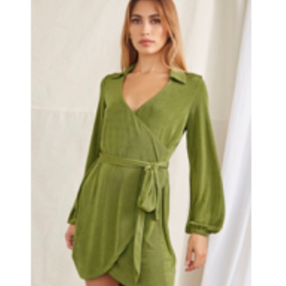 Green Belted Faux Wrap Dress
